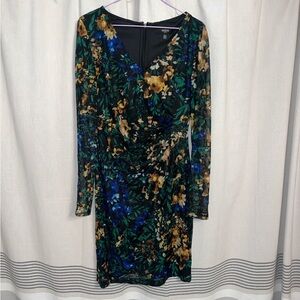 GUESS Long Sleeve Black & Multicolor Floral Ruched Bodycon Dress Size 8